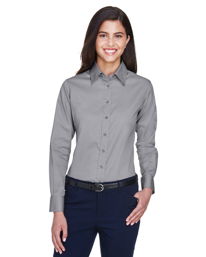 Harriton Ladies' Easy Blend™ Long-Sleeve Twill Shirt with Stain-Release M500W #color_DARK GREY