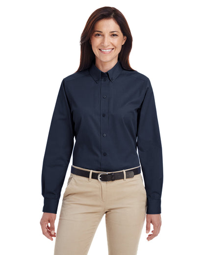 Harriton Ladies' Foundation Cotton Long-Sleeve Twill Shirt with Teflon™ M581W #color_DARK NAVY