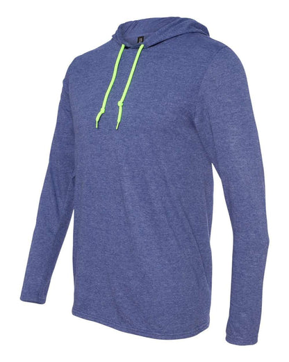 Gildan Softstyle® Lightweight Hooded Long Sleeve T-Shirt 987 #color_Heather Blue/ Neon Yellow