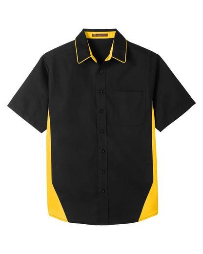 Harriton Men's Flash IL Colorblock Short Sleeve Shirt M586 #color_Black/ Sunray Yellow