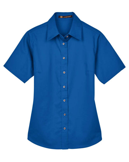 Harriton Ladies' Easy Blend™ Short-Sleeve Twill Shirt with Stain-Release M500SW #color_French Blue