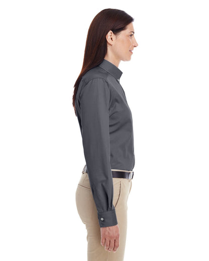 Harriton Ladies' Foundation Cotton Long-Sleeve Twill Shirt with Teflon™ M581W #color_DARK CHARCOAL