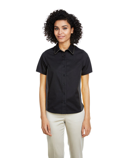 Harriton Ladies' Flash IL Colorblock Short Sleeve Shirt M586W #color_BLACK / DK CHARCL