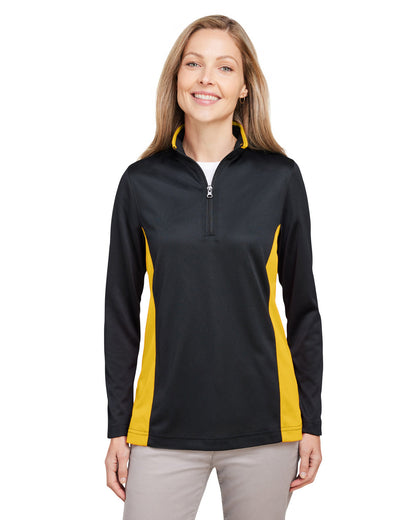 Harriton Ladies' Flash Snag Protection Plus IL Colorblock Quarter-Zip M786W #color_BLACK / SUNRY YLW