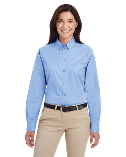 Harriton Ladies' Foundation Cotton Long-Sleeve Twill Shirt with Teflon™ M581W #color_INDUSTRY BLUE