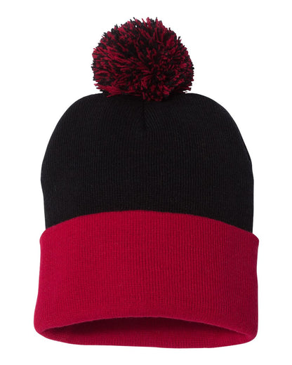 Sportsman 12" Pom-Pom Cuffed Beanie SP15 #color_Black/ Red