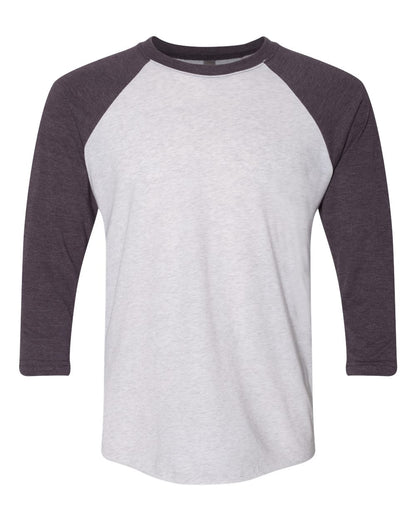 Next Level Apparel Unisex Triblend Three-Quarter Sleeve Raglan 6051 #color_Vintage Purple Sleeves/ Heather White Body