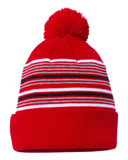 Sportsman 12" Striped Pom-Pom Cuffed Beanie SP60 #color_Red/ White/ Grey/ Black