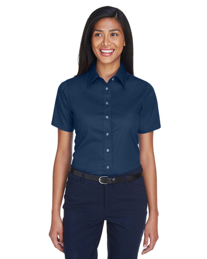 Harriton Ladies' Easy Blend™ Short-Sleeve Twill Shirt with Stain-Release M500SW #color_NAVY