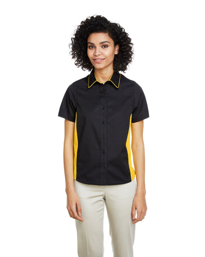 Harriton Ladies' Flash IL Colorblock Short Sleeve Shirt M586W #color_BLACK / SNRY YLLW