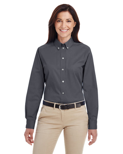 Harriton Ladies' Foundation Cotton Long-Sleeve Twill Shirt with Teflon™ M581W #color_DARK CHARCOAL