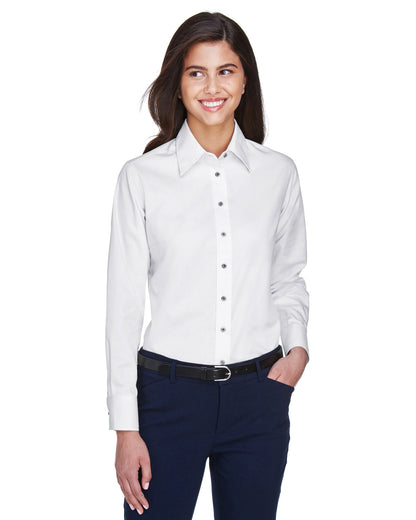 Harriton Ladies' Easy Blend™ Long-Sleeve Twill Shirt with Stain-Release M500W #color_WHITE