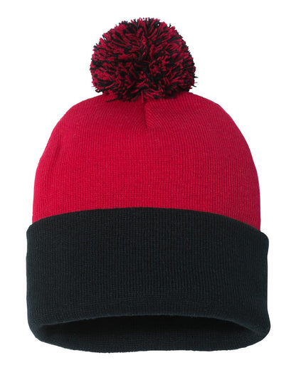 Sportsman 12" Pom-Pom Cuffed Beanie SP15 #color_Red/ Black