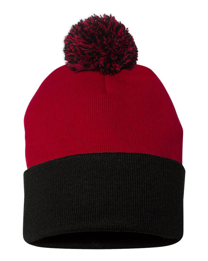 Sportsman 12" Pom-Pom Cuffed Beanie SP15 #color_Red/ Black