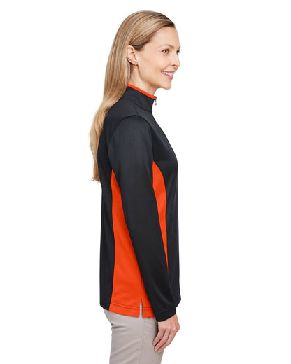 Harriton Ladies' Flash Snag Protection Plus IL Colorblock Quarter-Zip M786W #color_BLACK / TEAM ORNG