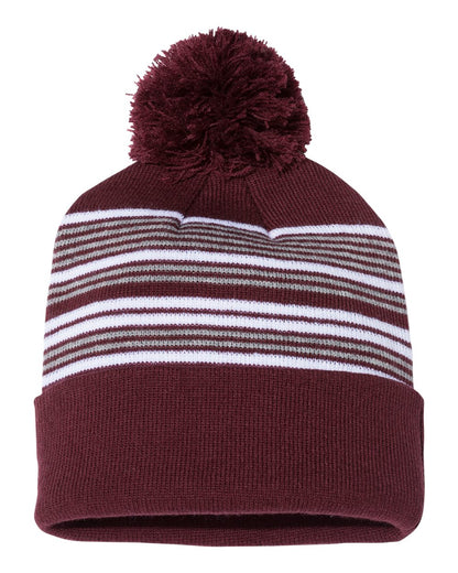 Sportsman 12" Striped Pom-Pom Cuffed Beanie SP60 #color_Maroon/ White/ Grey