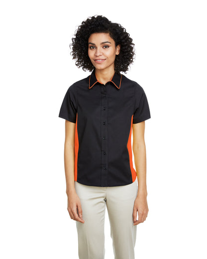 Harriton Ladies' Flash IL Colorblock Short Sleeve Shirt M586W #color_BLACK / TM ORANGE