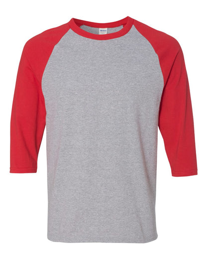 Gildan Heavy Cotton™ Raglan Three-Quarter Sleeve T-Shirt 5700 #color_Sport Grey/ Red