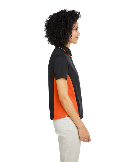 Harriton Ladies' Flash IL Colorblock Short Sleeve Shirt M586W #color_BLACK / TM ORANGE