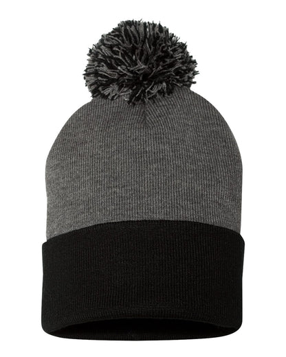 Sportsman 12" Pom-Pom Cuffed Beanie SP15 #color_Dark Heather Grey/ Black