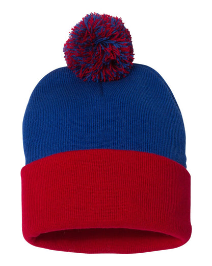 Sportsman 12" Pom-Pom Cuffed Beanie SP15 #color_Royal/ Red