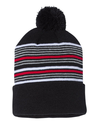 Sportsman 12" Striped Pom-Pom Cuffed Beanie SP60 #color_Black/ White/ Grey/ Red