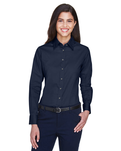 Harriton Ladies' Easy Blend™ Long-Sleeve Twill Shirt with Stain-Release M500W #color_NAVY