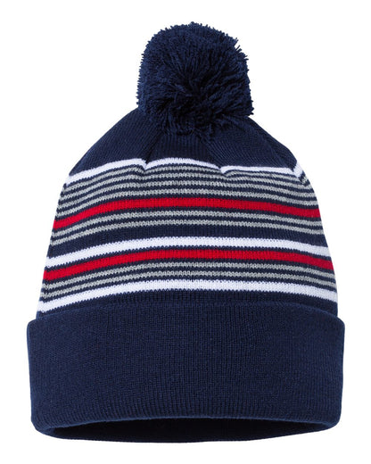 Sportsman 12" Striped Pom-Pom Cuffed Beanie SP60 #color_Navy/ White/ Grey/ Red