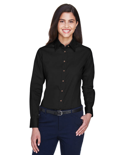 Harriton Ladies' Easy Blend™ Long-Sleeve Twill Shirt with Stain-Release M500W #color_BLACK