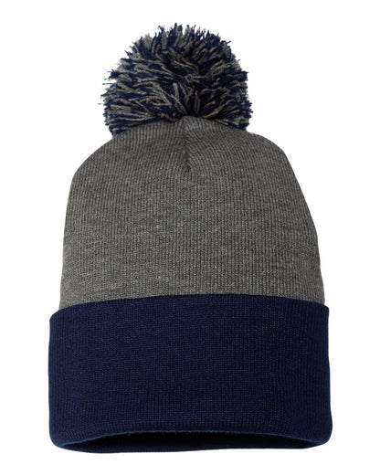 Sportsman 12" Pom-Pom Cuffed Beanie SP15 #color_Dark Heather Grey/ Navy