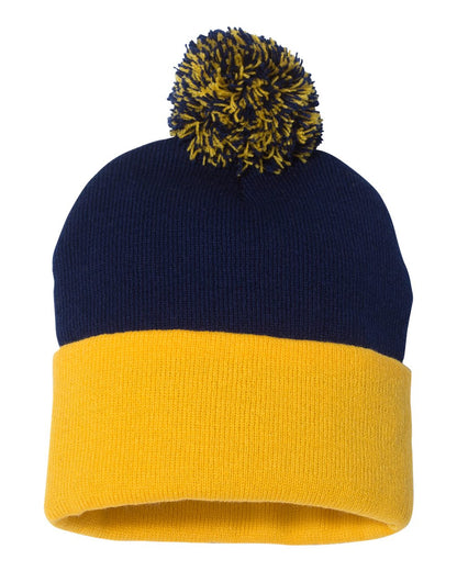 Sportsman 12" Pom-Pom Cuffed Beanie SP15 #color_Navy/ Gold