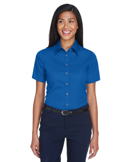 Harriton Ladies' Easy Blend™ Short-Sleeve Twill Shirt with Stain-Release M500SW #color_FRENCH BLUE