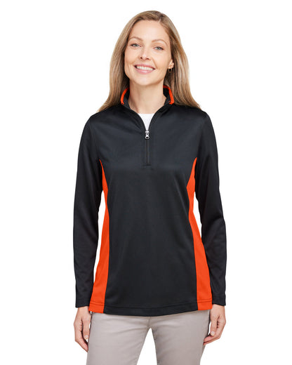 Harriton Ladies' Flash Snag Protection Plus IL Colorblock Quarter-Zip M786W #color_BLACK / TEAM ORNG