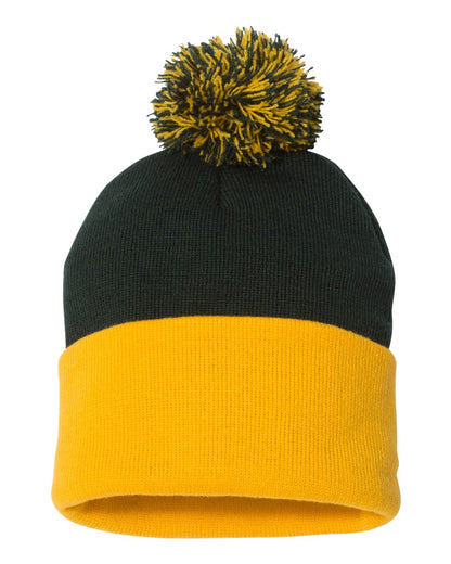 Sportsman 12" Pom-Pom Cuffed Beanie SP15 #color_Forest/ Gold