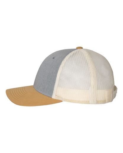 Richardson Low Pro Trucker Cap 115 #color_Heather Grey/ Birch/ Amber Gold