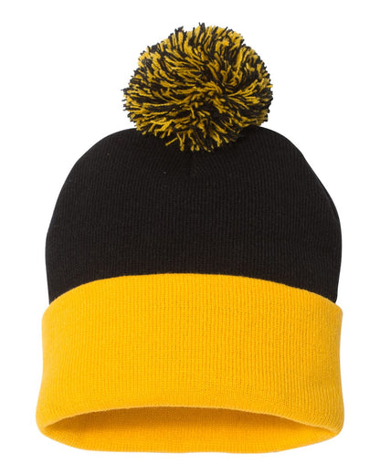 Sportsman 12" Pom-Pom Cuffed Beanie SP15 #color_Black/ Gold