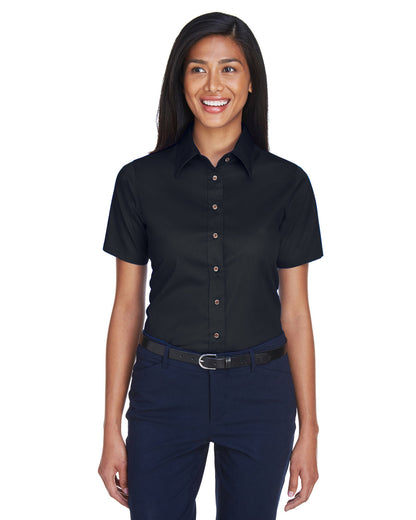 Harriton Ladies' Easy Blend™ Short-Sleeve Twill Shirt with Stain-Release M500SW #color_BLACK