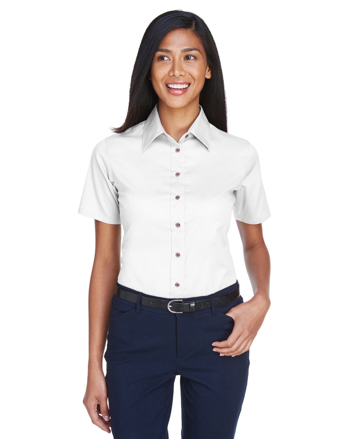 Harriton Ladies' Easy Blend™ Short-Sleeve Twill Shirt with Stain-Release M500SW